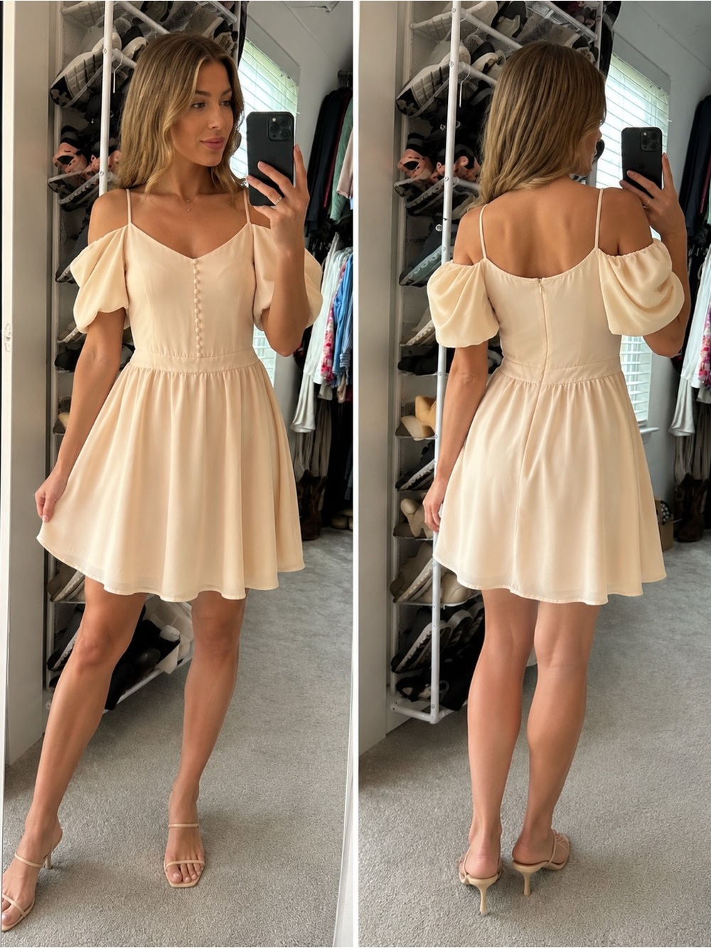 Naked Zebra Cream Puff-Sleeve Mini Dress with Button Front